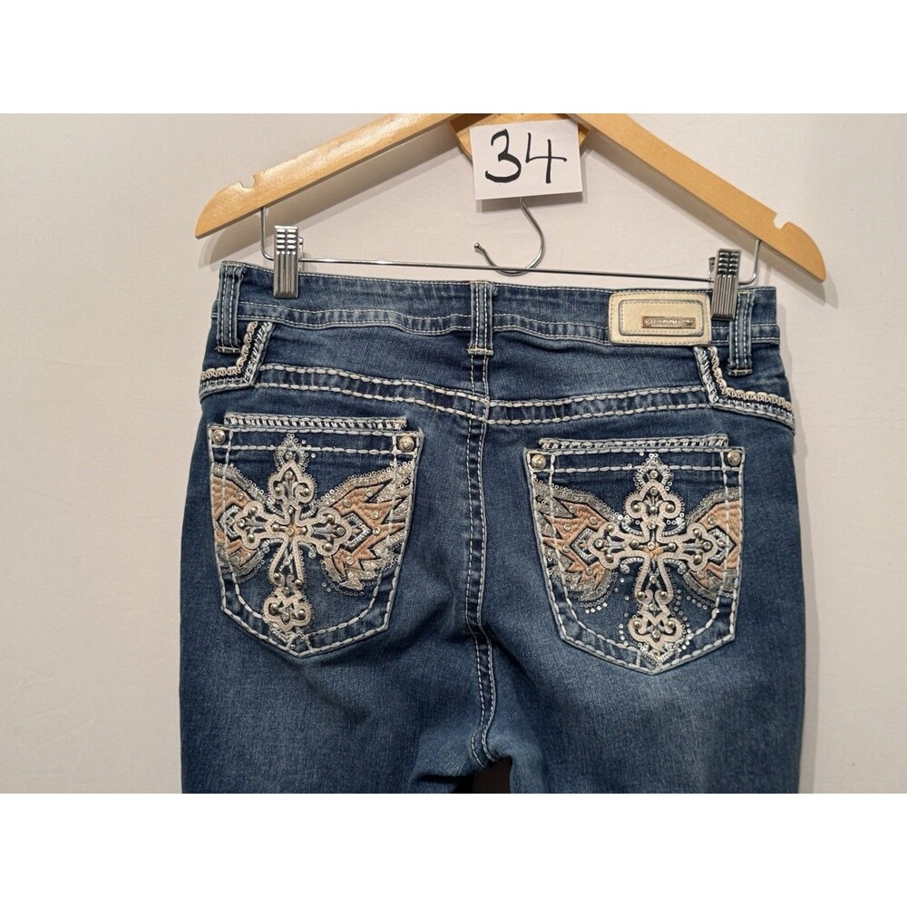 Sexy Couture Jeans Womens 29 Bootcut Y2K Cross Rhinestone Embroidered Distressed